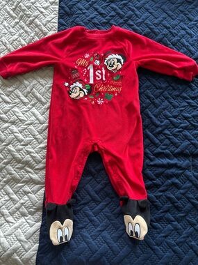 Disney Red Mickey & Minnie 'My 1st Christmas' Footed One-Piece